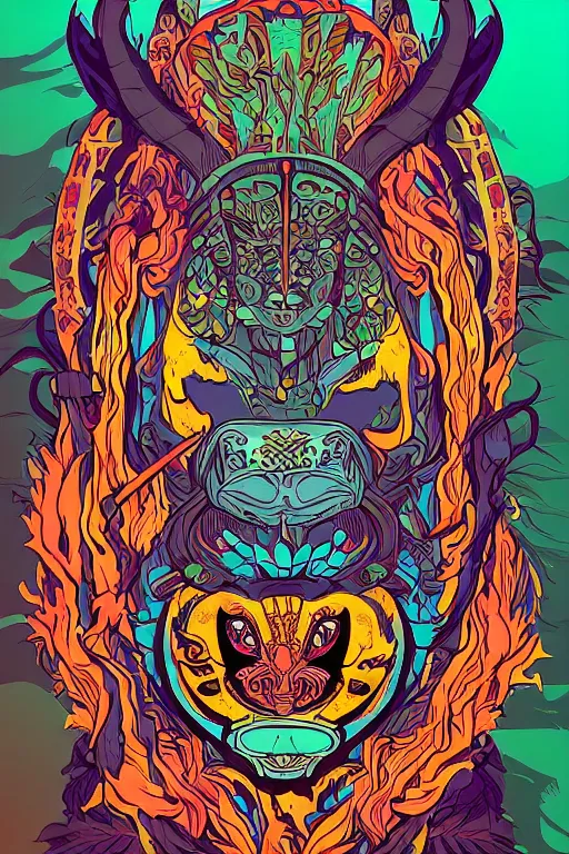 Image similar to animal mask totem roots flower tribal feather gemstone plant wood rock shaman vodoo video game vector cutout illustration vivid multicolor borderlands comics by josan gonzales and dan mumford radiating a glowing aura