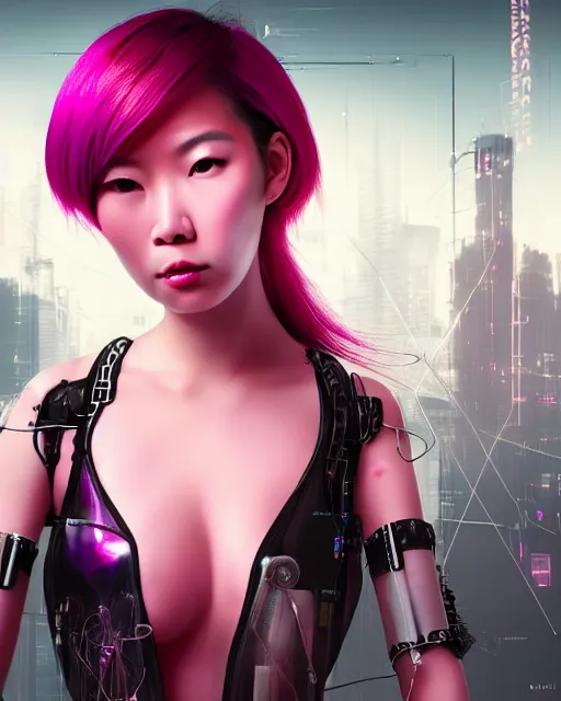 Image similar to portrait of a beautiful asian woman with pink hair as a cyberpunk cyborg half robot, revealing wires and electronics, sci - fi, missing panels, intricate abstract upper body intricate artwork, concept art, octane render, deviantart, cinematic, key art, hyperrealism, iridescent accents, portrait photograph, nikon 3 5 mm, photograph by greg rutkowski