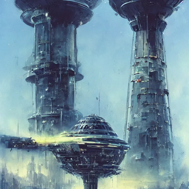 Image similar to “a giant spaceship crashing into a large futuristic water tower, sci-fi concept art, by John Harris, by John Berkey, hyper realistic painting”