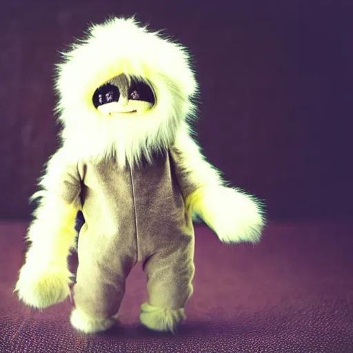 Image similar to lomography long shot of cute plush fluffy chthonic doll monster made to look like a baby, bokeh background