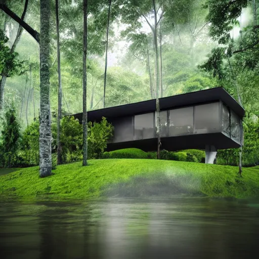 Image similar to High quality realistic photograph of a modern house in the middle of a rain-forest