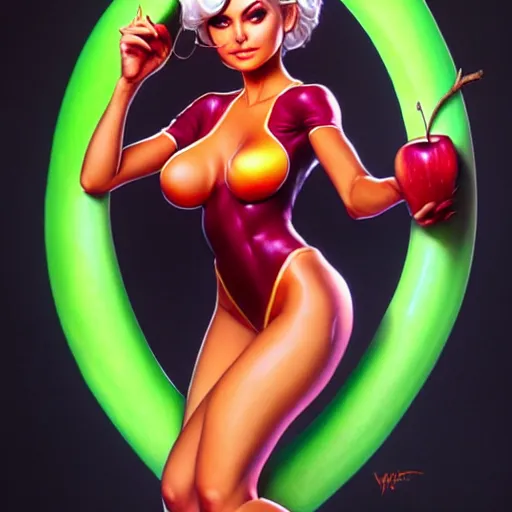 Image similar to granny smith apple costume worn by victoria justice, by artgerm, wlop. vastly enriched image quality. lucidly vivid. iridescentally detailed. extremely elegant and beautiful.