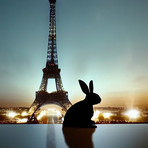Prompt: a rabbit drinking wine in a cafe in Paris, the eiffel tower is visible in the background, it is night time, there are two humans sitting behind the rabbit