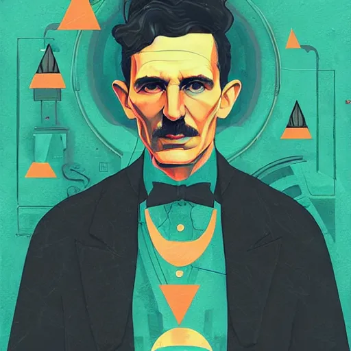 Image similar to majestic genius inventor nikola tesla profile picture by sachin teng, masterpiece, organic painting, matte painting, technical geometrical drawing shapes, lightning electricity coil, hard edges, graffiti, street art by sachin teng