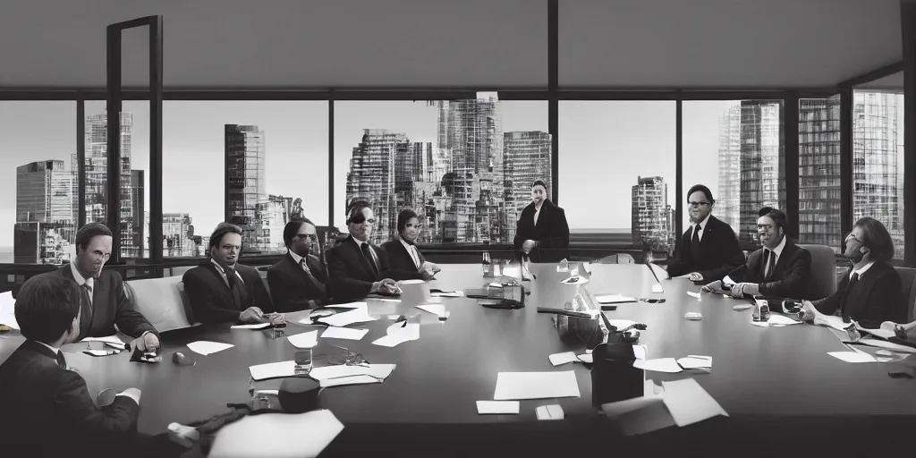 Prompt: cinematic view of hyper realistic canadian politicians arguing at a boardroom table in front of a skyscraper window in downtown vancouver by cedric peyravernay, depth of field, sharp focus, pop art style, intricate, high detail, digital art, ultra realistic, cinematic lighting, artstation, 3 5 mm film grain