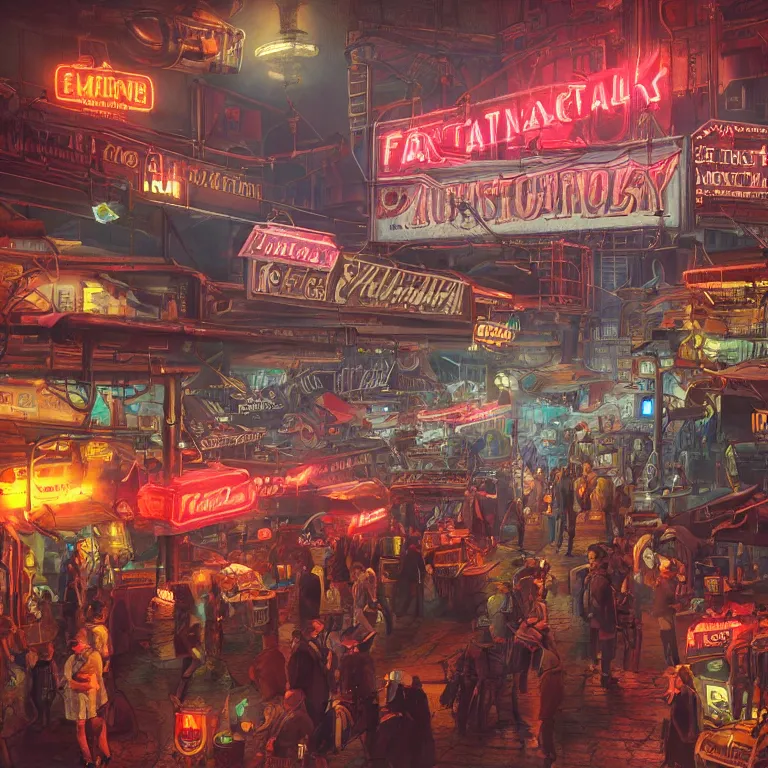 Prompt: fantastic lighting, high detail, dieselpunk market, neon lights, 2 d