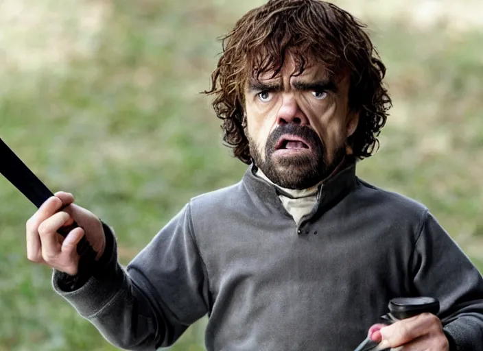 Image similar to peter dinklage knife in mouth running, movie still, from the new scream movie, 8 k, realistic