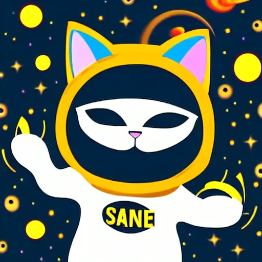 Prompt: A serious-looking cat wearing a space-suit, the background is inspired by two colliding galaxies, e-sports logo vector