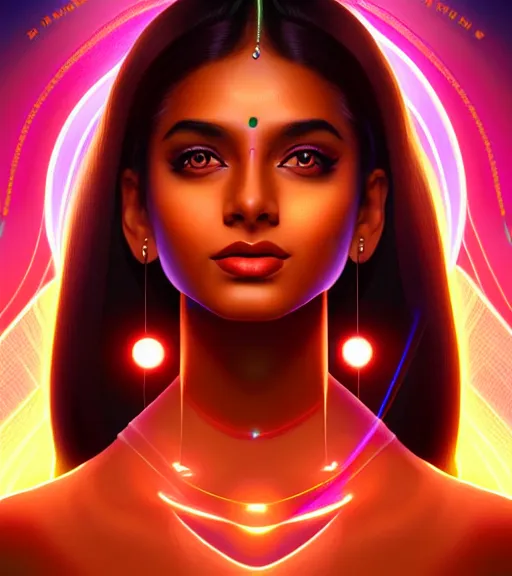 Image similar to symmetry!! indian princess of technology, solid cube of light, hard edges, product render retro - futuristic poster scifi, lasers and neon circuits, brown skin gorgeous indian princess, intricate, elegant, highly detailed, digital painting, artstation, concept art, smooth, sharp focus, illustration, dreamlike, art by artgerm