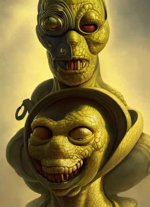 Image similar to marble homer simpson mf doom reptile eyes, polished yellow skin, centered, digital painting, artstation, concept art, smooth, sharp focus, illustration, artgerm, tomasz alen kopera, peter mohrbacher, donato giancola, joseph christian leyendecker, wlop, frank frazetta