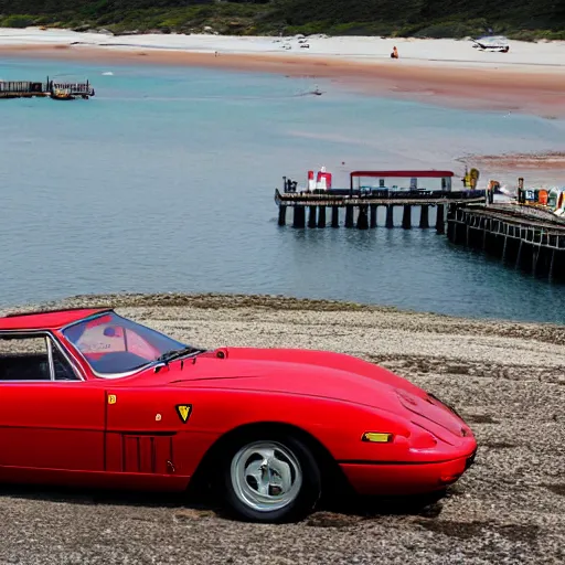 Image similar to old red ferrari car is parked on the sea shore near a pier with boats