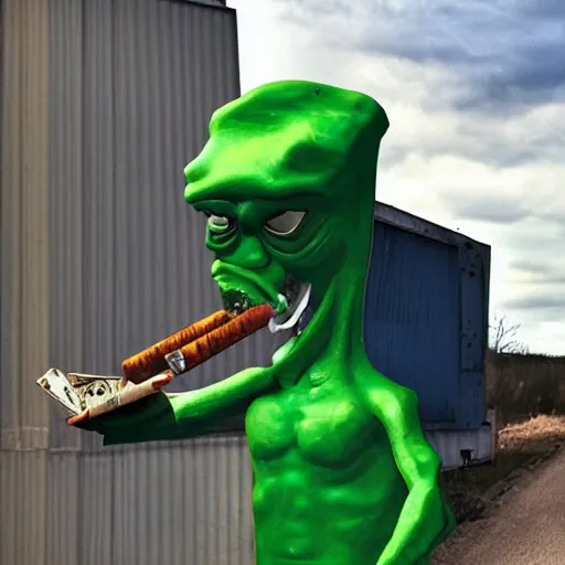 Prompt: Green alien dressed as a trucker smoking a cigarette