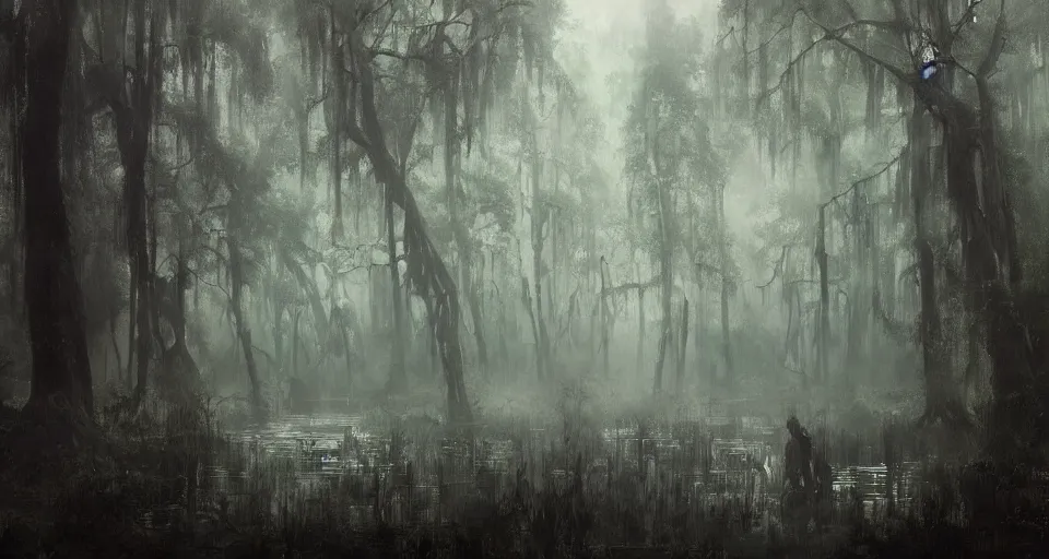 Prompt: A dense and dark enchanted forest with a swamp, by Ruan jia