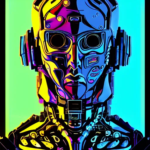 Image similar to cyborg half human, synthwave art