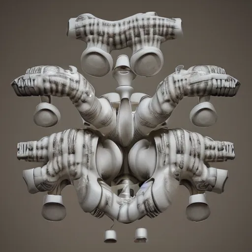 Image similar to an arrangement of ceramic pipes in the shape of vocal tracts ejecting a pattern of fractal jet streams of air , xenomorph, highly detailed , 8k , octane ,