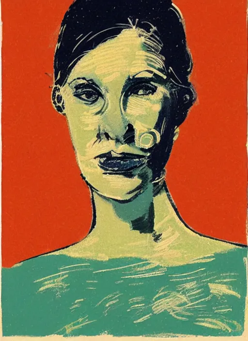 Image similar to an extreme close - up portrait of a lady in a scenic representation of mother nature and the meaning of life by billy childish, thick visible brush strokes, figure painting by anthony cudahy and by beal gifford, vintage postcard illustration, minimalist cover art by mitchell hooks