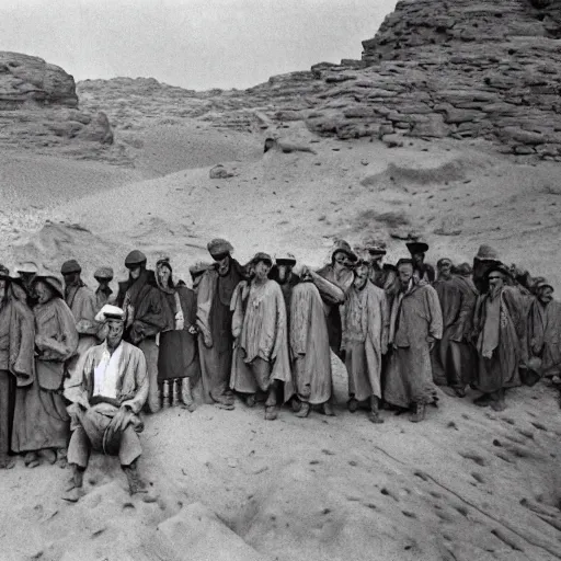 Image similar to ultra detailed photorealistic sepia - toned photo from 1 9 1 7, clean - shaven british soldiers standing with bedouin traders in traditional arab garb, at an archaeological dig site in wadi rum, ultra realistic, painted, intricate details, lovecraft, atmospheric, dark, horror, brooding, highly detailed, by clyde caldwell