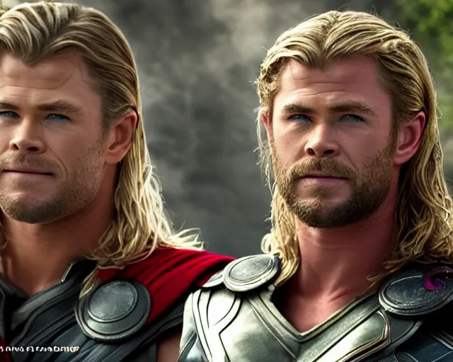 Image similar to Chris Hemsworth as thor at a gay pride event, cinematic shot, 8k resolution, hyper detailed