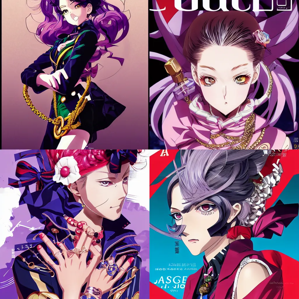 Image similar to Magazine Cover Anime key visual of a Gucci girl; official media; typography; drawn by Hirohiko Araki; Jojo's Bizarre Adventure; Jojolion, portrait, made by Stanley Artgerm Lau, WLOP, Rossdraws, James Jean, Andrei Riabovitchev, Marc Simonetti, Yoshitaka Amano, ArtStation