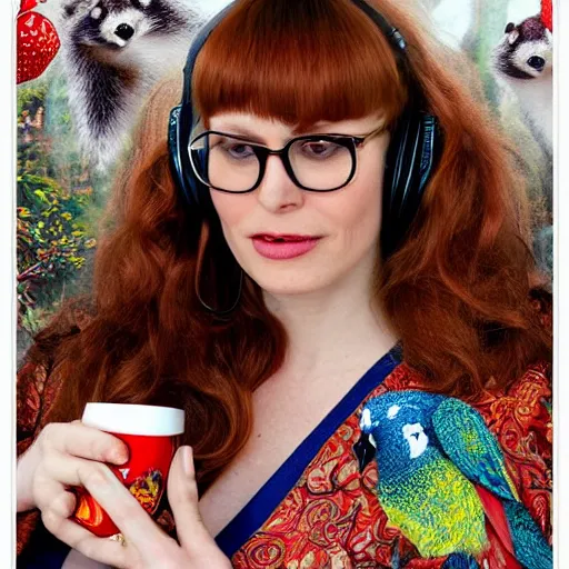 Image similar to a stunning hyper-detailed portrait photo of a beautiful bespectacled woman with long auburn hair and bangs, dressed in a luxurious silk robe, wearing futuristic headphones and posing with raccoons and parrots in an overstuffed easy chair in her sunlit living room, holding a coffee mug decorated with raccoons, and holding a strawberry-glazed donut and smoking an elaborate hookah, perfect eyes, octane render, unreal engine, 85 mm lens,