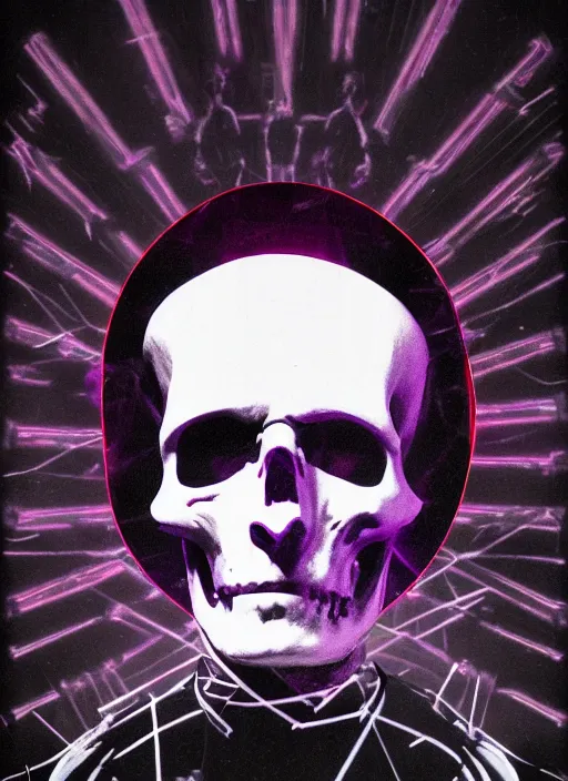 Prompt: elegant dark design poster showing a statue of julius caesar with a skull, black background with very subtle red and purple design elements, bold, powerful, nekro, vito acconci, thin straight purple lines, dark, glitch art, neo vaporwave, gritty, layout frame, square, trending on artstation