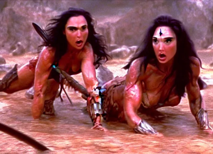 Prompt: gal gadot as conan the barbarian oil wrestling with a cavewoman, movie still photograph taken by richard kern, from the movieclan of the cave bear, 8 k, realistic