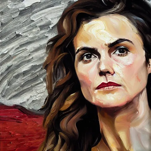 Image similar to of keri russell painted in the style of lucien freud later period with thick impasto oil paint