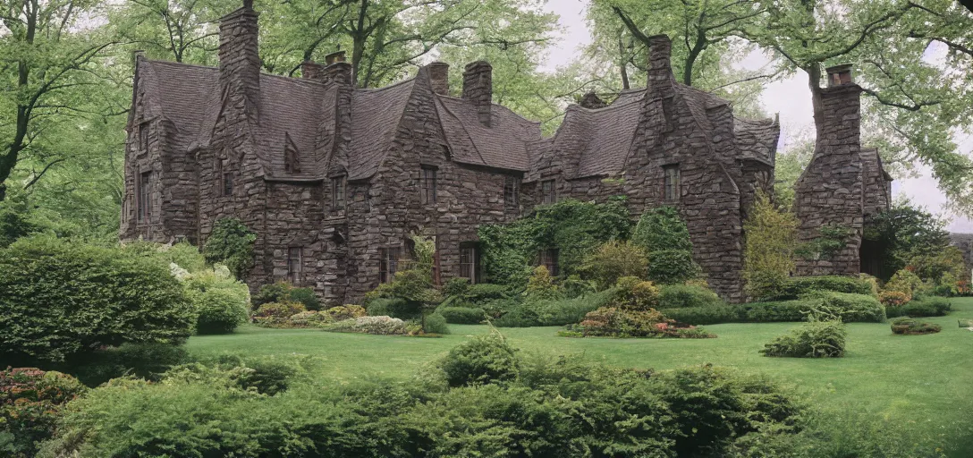 Image similar to scottish blackhouse mansion designed by daniel burnham. outdoor landscaping designed by fredrick law olmsted. fujinon premista 1 9 - 4 5 mm t 2. 9. portra 8 0 0.