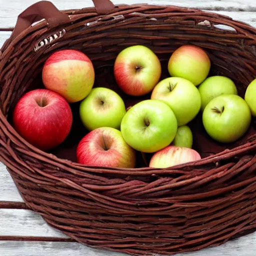 Prompt: 7 apples inside a brown braided basket