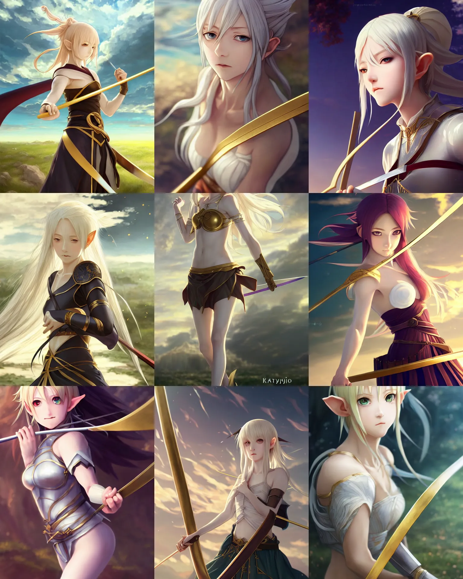 Prompt: renaissance art elf girl with white skin, katana in hand, golden hair blowing the wind, trending artistic art, soft anime, dynamic photography, fate zero, realistic face, artgerm, extremely high detailed, bokeh background, studio ghibly makoto shinkai yuji yamaguchi, wlop