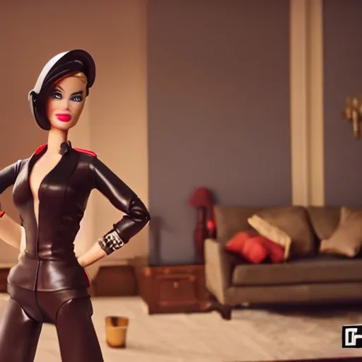 Image similar to amazing beautiful Spy from Team Fortress 2 barbie doll wearing leather in the living room, film still from the movie directed by Denis Villeneuve , wide lens