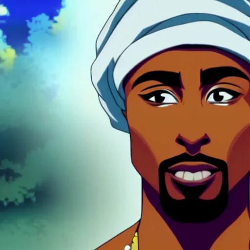 Image similar to Tupac Shakur, screenshot from a 2012s anime