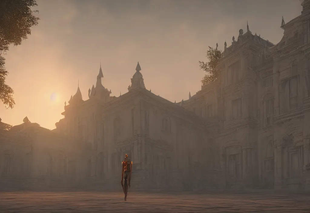 Image similar to a sfx demon inside a pristine palace, sunset, rendered in octane, mood fog