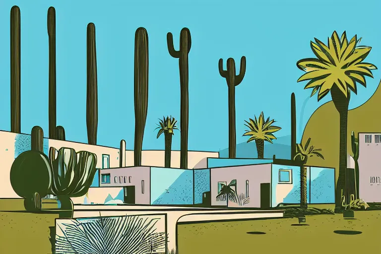 Image similar to brutalist building in a desert oasis by tom whalen in the style of sam werczler, vector art, illustration, harsh light, complementary colors