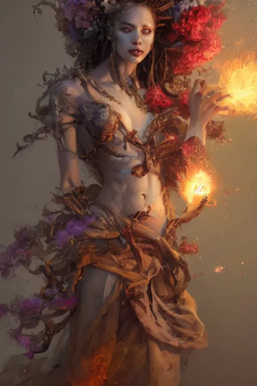 Image similar to beautiful girl necromancer, witch - doctor exploding into flowers, angels, 3 d render, hyper - realistic detailed portrait, holding fire and electricity, ruan jia, wlop. scifi, fantasy, magic the gathering, hyper detailed, octane render, concept art, peter mohrbacher