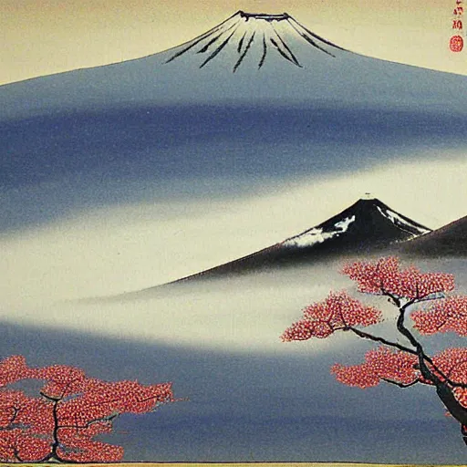 Image similar to mount fuji, misty, ancient japanese painting