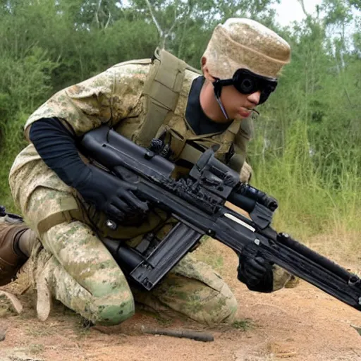 Image similar to a rare military frog equipped with rocket launcher and night vision target acquisition system, photo from us marines training exercise