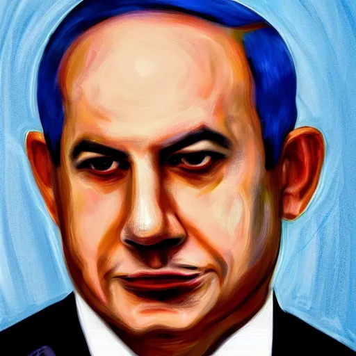 Image similar to a badly painted portrait of benjamin netanyahu