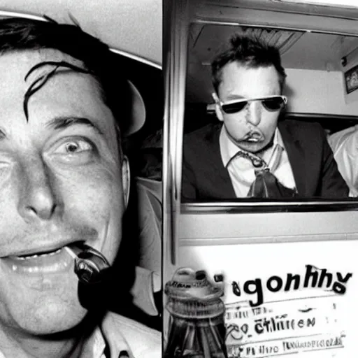 Image similar to gonzo reporter retro photo of drunked elon musk aka bus driver in bus, fear and loathing in las vegas style, by hunter thompson