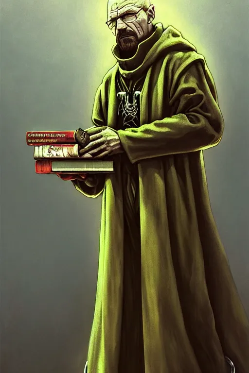 Image similar to painting of walter white as a cloaked tech priest holding a book, adeptus mechanicus!, cybernetic enhancements attached to his body, praise the omnissaiah, zdzislaw beksinski, lewis jones, mattias adolfsson, warhammer 4 0 k!!, cold hue's, warm tone gradient background, concept art, digital painting