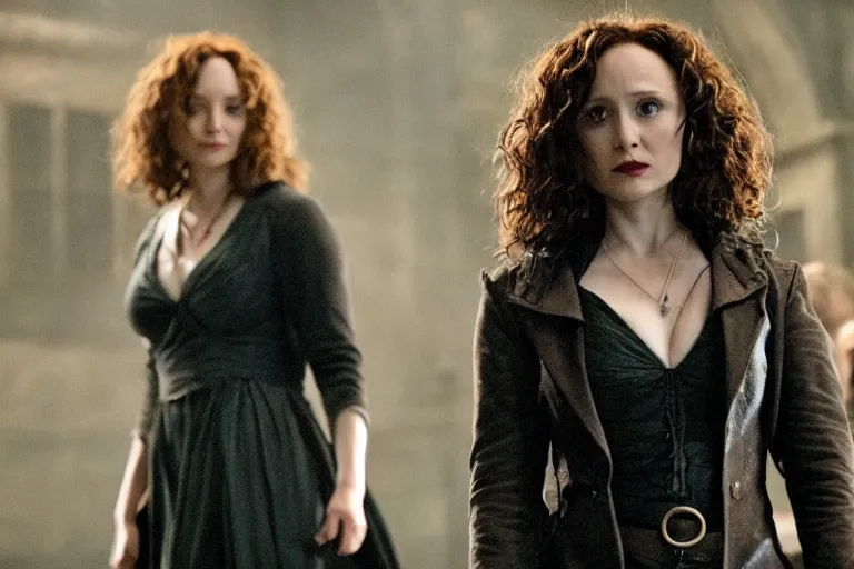 Image similar to film still Elizabeth Olson as Bellatrix Lestrange in Harry Potter movie