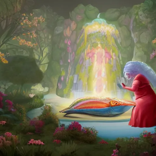 Image similar to of a very beautiful scene. ambient occlusion render. a sweet fat old woman is giving a birth to a huge colorful fish. flowery dress. mirror. symmetrical face, red mouth, blue eyes. deep focus, lovely scene. ambient occlusion render. concept art. unreal engine.