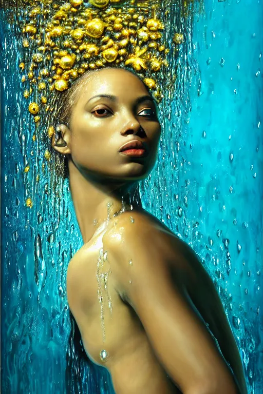 Image similar to photo realistic precisionist cinematic very expressive! oshun goddess, in water! john everett millais, mirror dripping droplet!, gold flowers, highly detailed face, digital art masterpiece, smooth eric zener cam de leon, dramatic pearlescent turquoise light on one side, low angle uhd 8 k, shallow depth of field