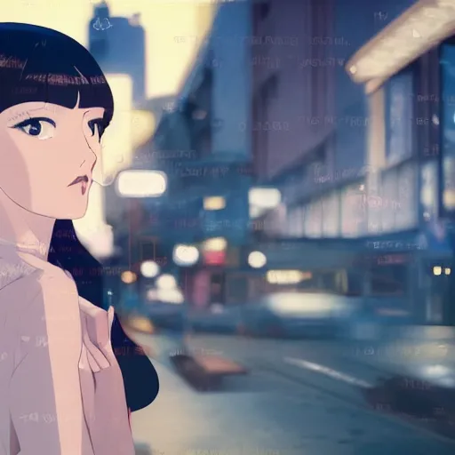 Prompt: a portrait of a beautiful girl with long black hair and bangs, wearing 1940's fashion, she has dark brown eyes and pale skin, she is facing towards the camera, city at nightime background, low-key neon lighting, 4k, HQ, official media, anime key visual, makoto shinkai, ilya kuvshinov, lois van baarle, rossdraws, detailed, trending on artstation