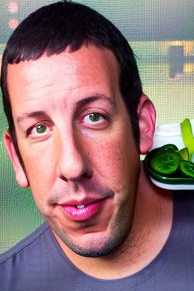 Image similar to a selfie of adam sandler eating a jar of pickles