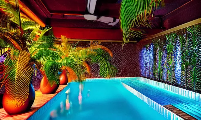 Image similar to indoor pool with ferns and palm trees at night, pool tubes, chromatic abberation, dramatic lighting, depth of field, 80s photo