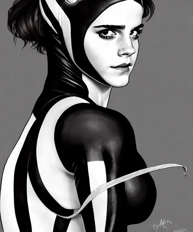 Image similar to a detailed fifty mm portrait of emma watson as a catwoman in a black adidas track suit with white stripes, highly detailed, digital painting, artstation, concept art, sharp focus, cinematic lighting, illustration, art by met mangindaan, artgerm and greg rutkowski, alphonse mucha, cgsociety