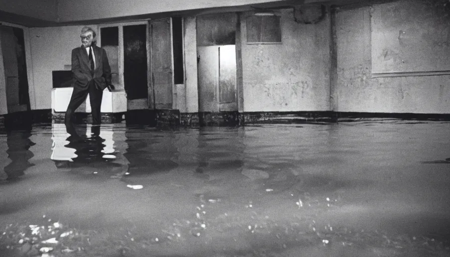 Image similar to 7 0 s movie still of an old man standing in a soviet ballroom flooded in mud, cinestill 8 0 0 t 3 5 mm eastmancolor, heavy grain, high quality, high detail