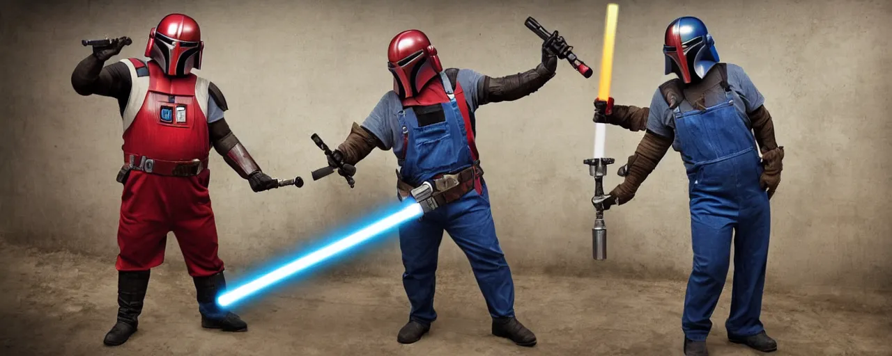 Prompt: overweight plumber wearing overalls and holding toilet plunger duelling with mandalorian holding a lightsaber