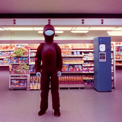 Prompt: alien standing in line at a soviet grocery store, top secret style, realistic photo, cinestill 8 0 0 t, 1 9 7 0 s, color